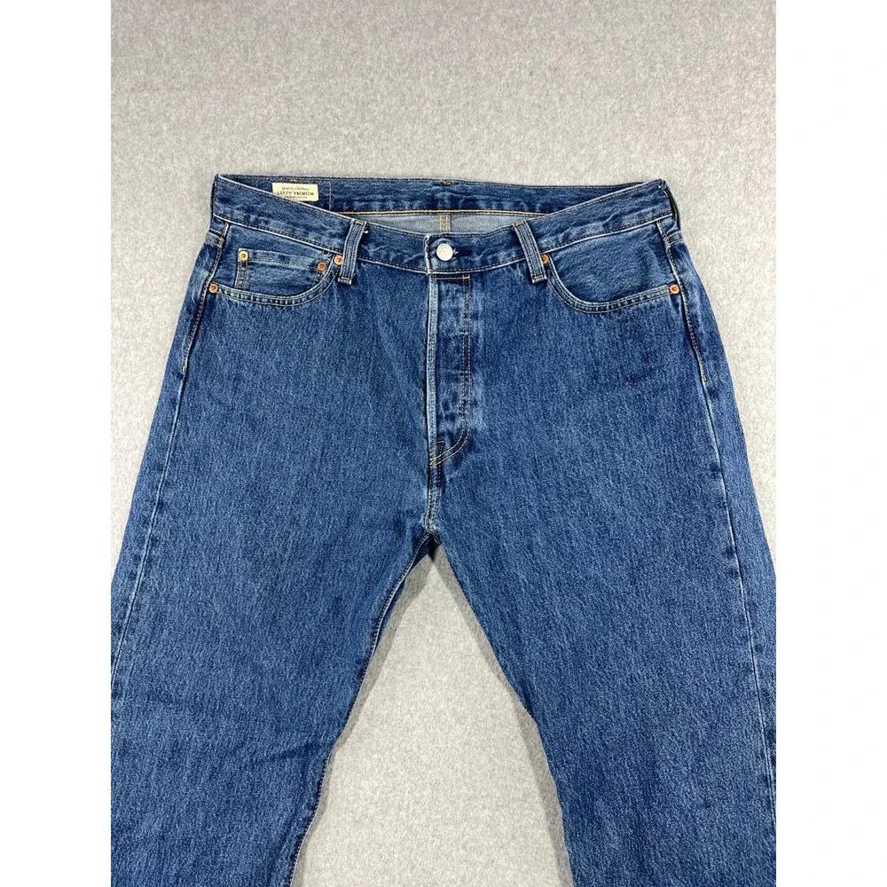 Levis Premium 501 Button Fly Jeans Mens 36x34 Blue Big E Original Straight Leg